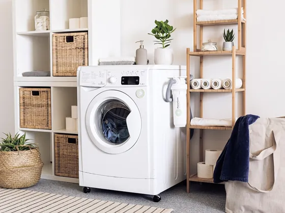 Front-load washing machine in a clean home laundry room